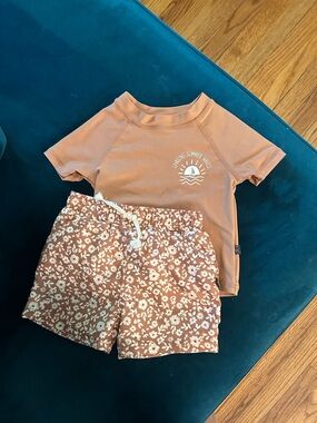 Kids Two-Piece swim Set - Rust with Cream Floral Shorts